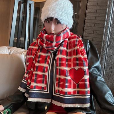 New Cute and Sweet Plaid Scarf Women's Winter Thickened Holiday Style Photo Imitation Cashmere Big Red Shawl
