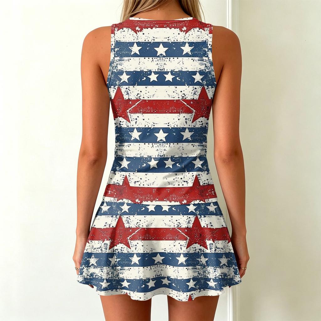 Fourth of July Dress Women 1776 2026 Anniversary USA Flag Print Sleeveless Scoop Neck Casual Mini Tank Dress