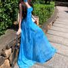 Summer French design blue streamer dark flower suspender dress women's holiday style lined pendulum long skirt