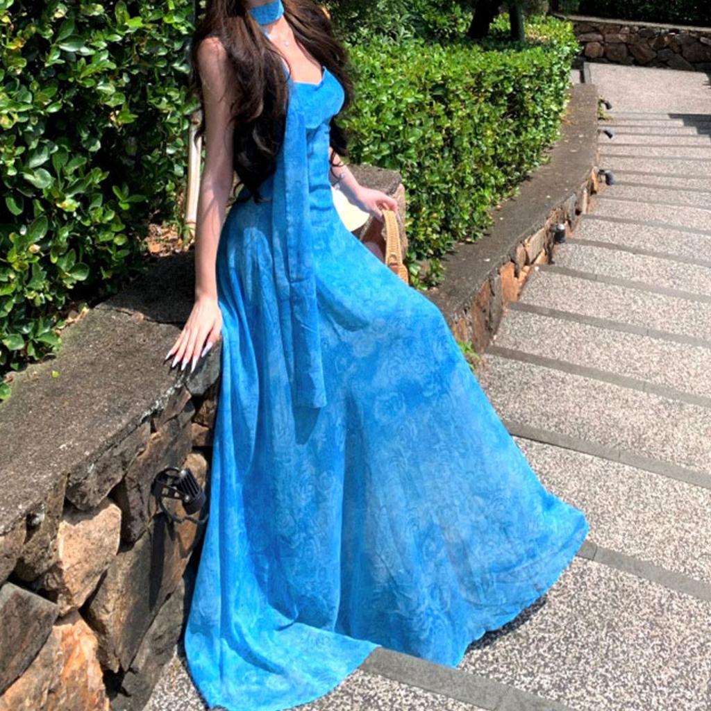 Summer French design blue streamer dark flower suspender dress women's holiday style lined pendulum long skirt