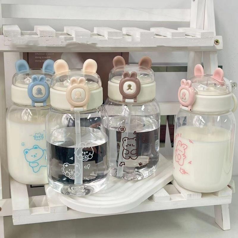 Sticla de apă de iepure Kawaii de 500 ml, drăguț portabil, ceașcă de băut în formă de ureche cu paie și capac Vase de vară pentru camping în aer liber