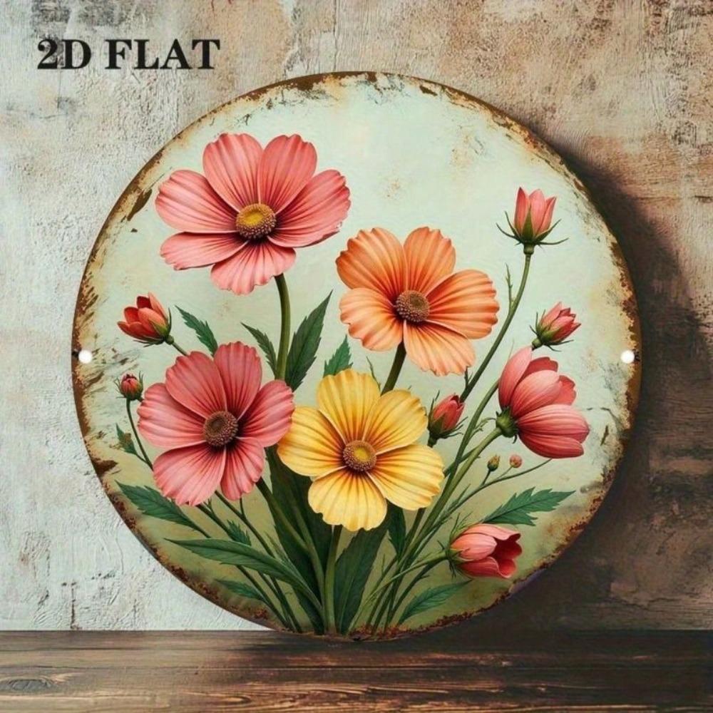 Vintage Round Metal Wall Art Sunflower and Morning Glory Pastel Tones Decor for Bedroom Living Room