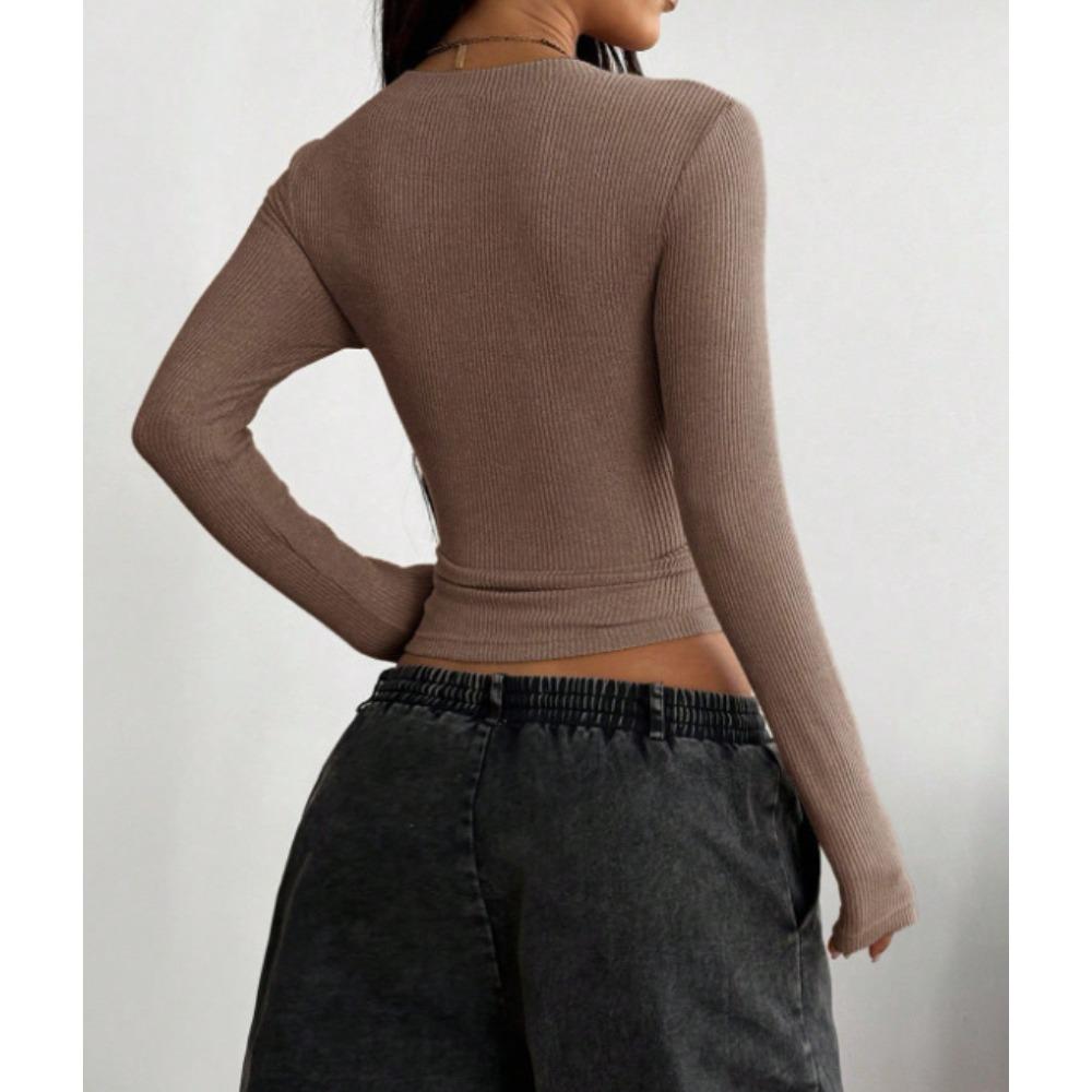 Fashion Women's Flared Cuff V-neck Top, Ribbed Knit Form-fitting Crop Top, Versatile Casual Top for Spring & Fall Outfits