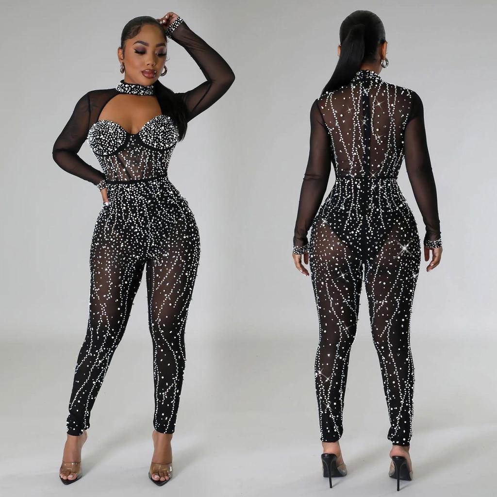Combinaison en maille à manches longues pour femme avec design strassé