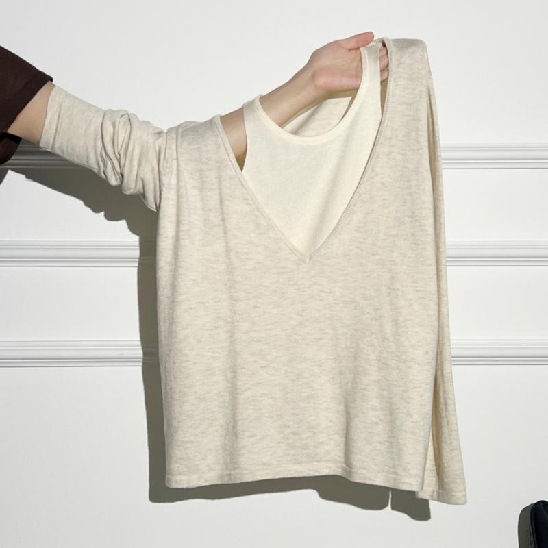 

Контрастный цвет, вязаный топ с длинными рукавами, имитация двойки, с бретелькой на шее, женский, осенне-зимний, новый дизайн, красивый маленький топ one size fits all абрикосовый