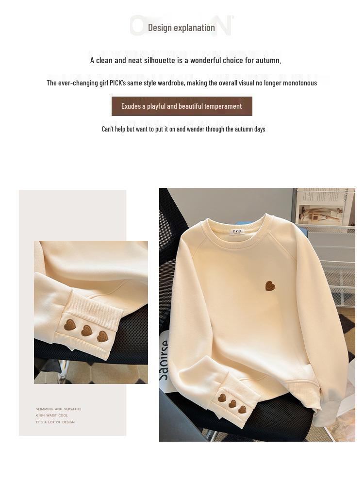 Women's Heart Embroidery Crewneck Sweatshirt: American Style, Long-Sleeved, Versatile, and Age-Reducing for Spring and Autumn.