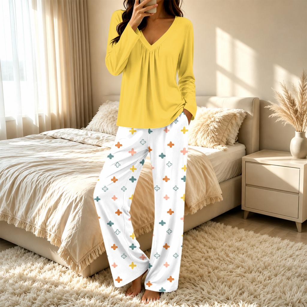 Women's V-Neck Loose Fit Printed Pajama Set Two Piece Sleepwear for Casual