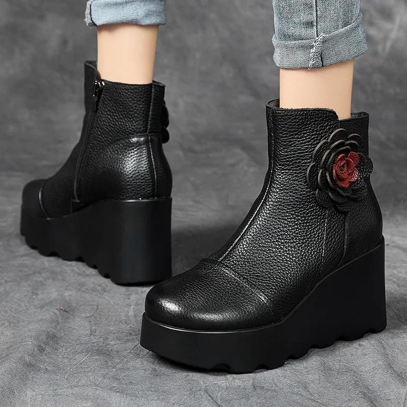 Fashion Top quality 8CM Women Winter Warm Plush Boots National Style Flower Retro Handmade Wedges Height Increasing Platform Ankle Boots