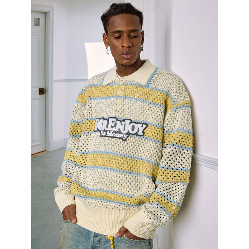 

Medm 25Fw Cut Out Stripesd Knitted Casual Polo Shirt for Men and Women, Spring and Autum Loose Lapel Top Black Blue 2XL