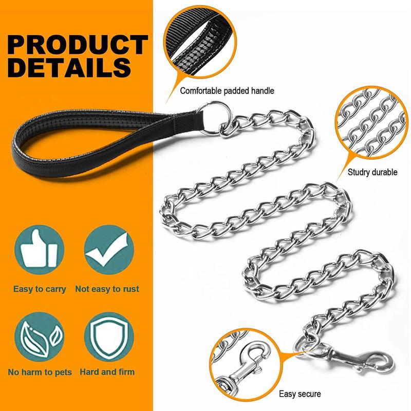 Chrome Plated Metal Chain Heavy Duty Dog Leash Chew Proof Dog Leash with Soft Handle for Large & Medium Pets Walking Training
