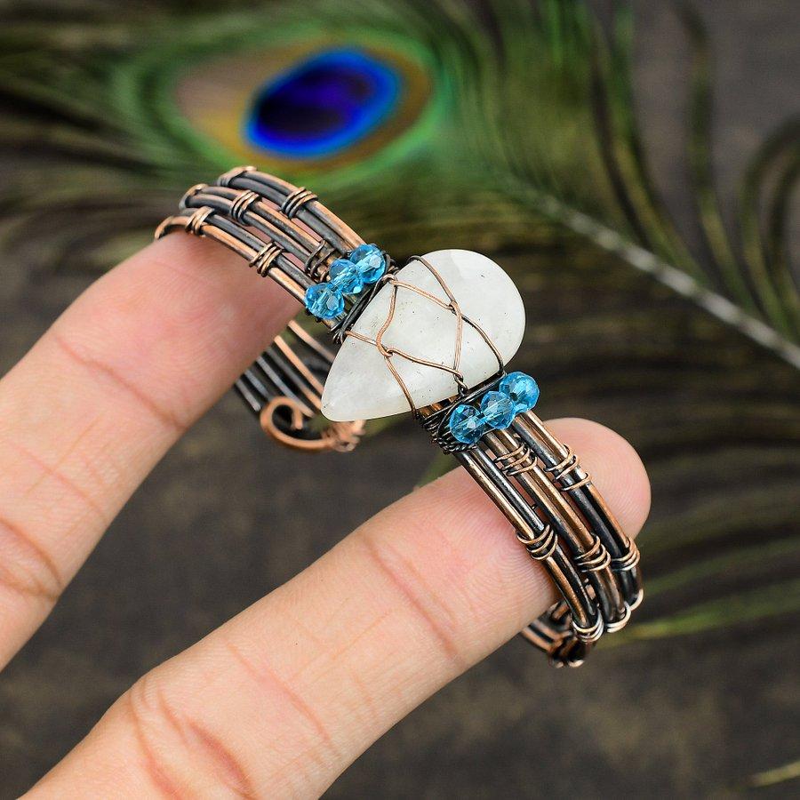 Natural Rainbow Moonstone Gemstone Copper Wire Wrap Cuff Bangle Adjustable C5g43