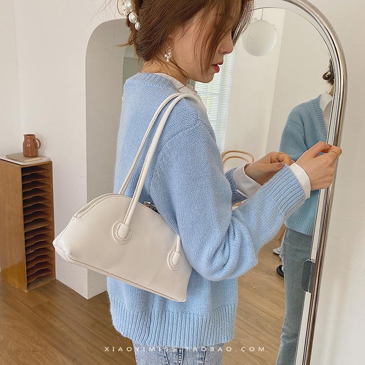 Women's Retro Waxed Leather Baguette Handbag - Niche, Versatile Candy Color Shoulder Bag