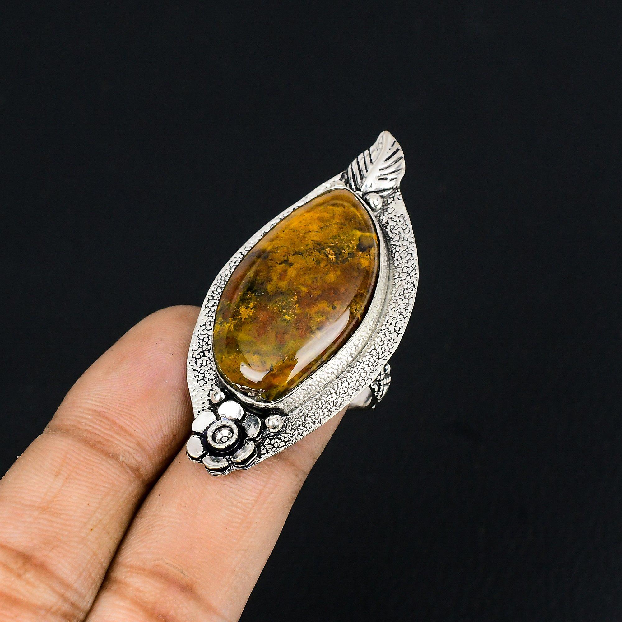 Moroccan Seam Agate Stone 925 Silver Art Deco Flower Statement Ring Jewelry US 6 6