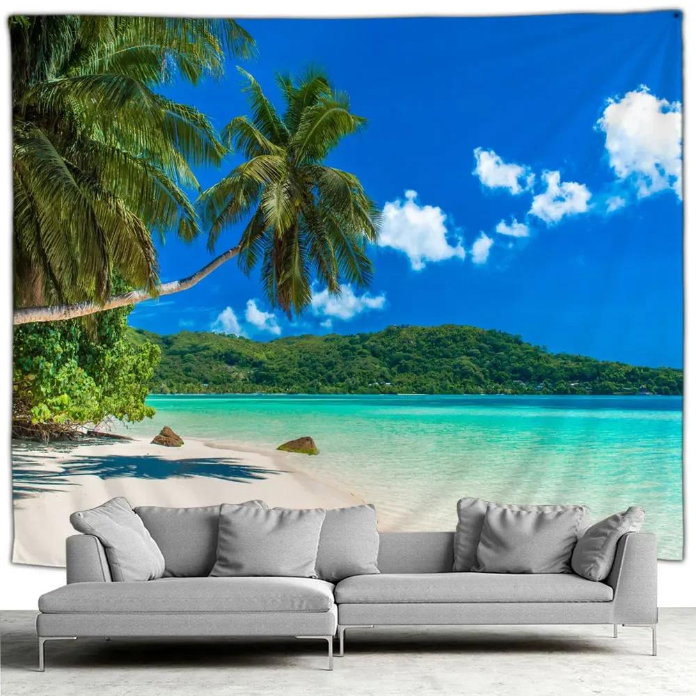 HD-Ocean Landscape Tapestry, Beach Wall and Palm Tree Art for Living Room, Bedroom or Outdoor Home Decor
