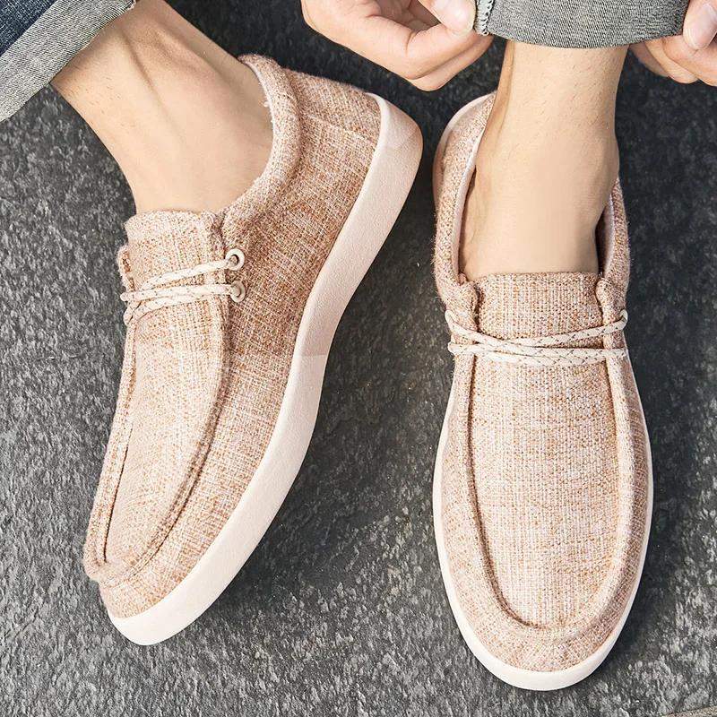Men's Casual Canvas Shoes Men's Loafers  Breathable Soft Soled Driving Skateboard Shoes Summer Khaki Comfortable Commuting Shoes