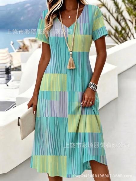 New digital printing, short-sleeved V-neck slim skirt dress creative shading skirt no