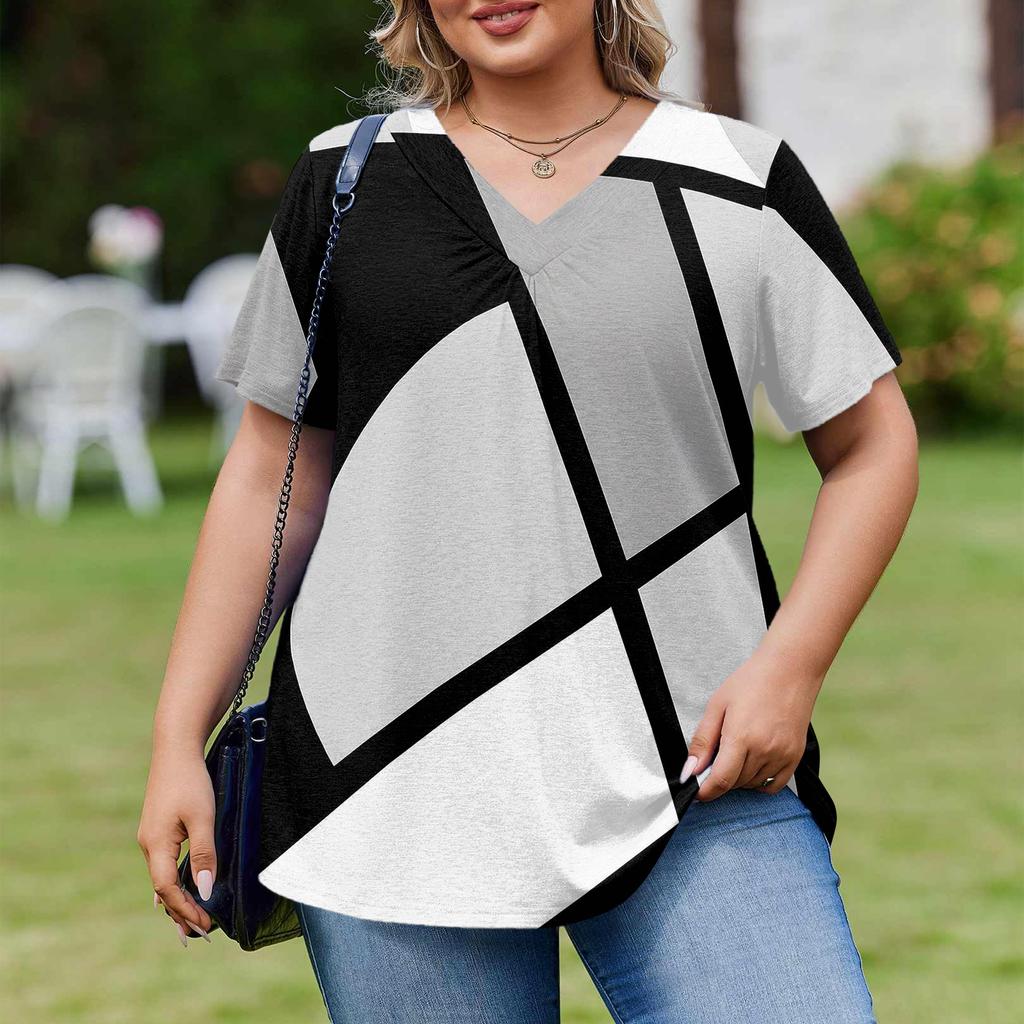 Women's Plus Size Fashionable Casual Loose-Fit Short Sleeve Elegant V Neck Blouse For Work