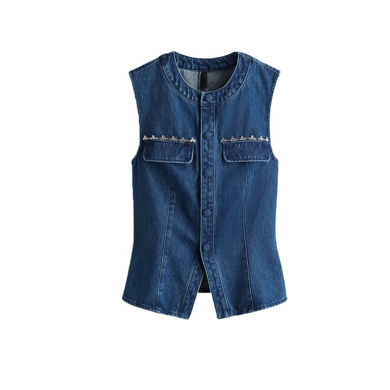 New Fall Women's Clothing Minimalist Slim-Fit round Neck Sleeveless Flared Denim Vest 1305453
