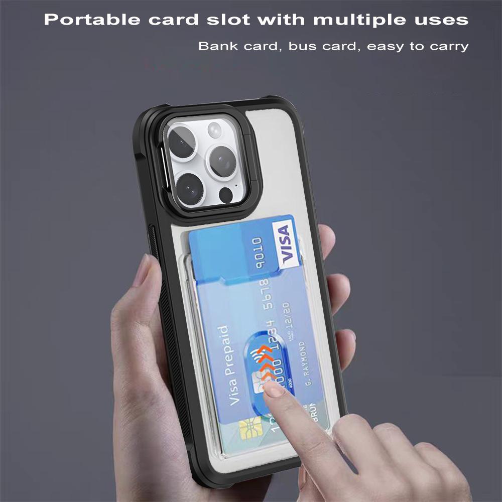 Shockproof Acrylic Hard Cover for IPhone 16 Pro Max 15 14 Plus 13 11 Folding Lens Stand Transparent Slot Card Holder Wallet Case
