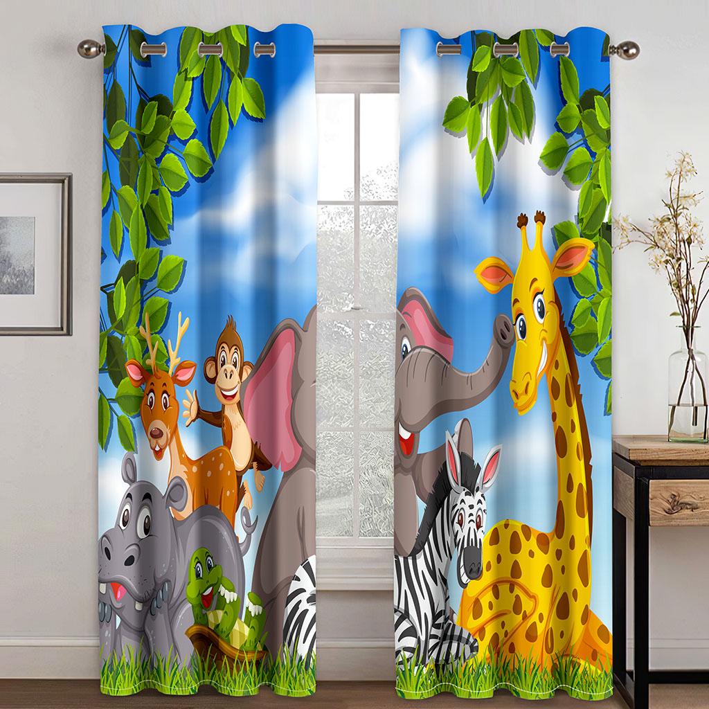 

2 шт. шторы с изображением животных из мультфильмов для девочек и мальчиков, тонкие шторы на окна в стиле сафари для гостиной с принтом джунглей, льва и слона (W50cmxH130cm)x2&Grommet Top