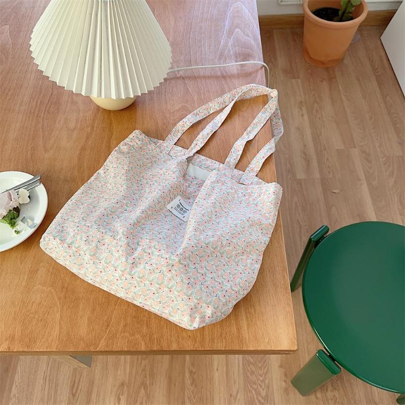 1 Canvas Bag Female College Student Class Floral Bag Cute Commuting Large Capacity Bag Shoulder Tote Bag