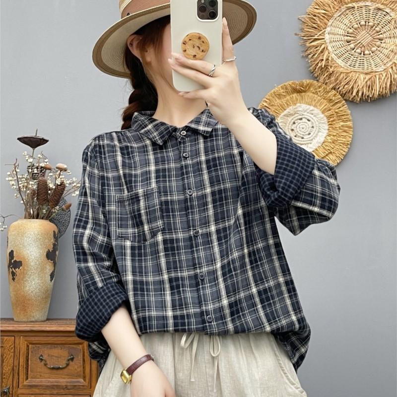 Autumn Women Plaid Shirts Long Sleeve Casual Blouses Turn Down Collar Loose Lady Cardigan Tops Female Clothes College Style