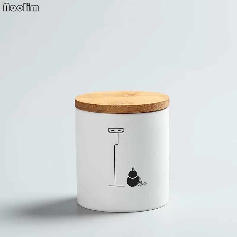 Ceramic Tea Caddy with Bamboo Lid Portable Travel Sealed Can Canister Kitchen Storage Bottle Spice Food Jar