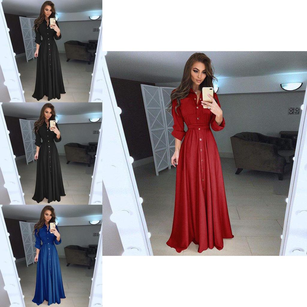 Sleeve Women Long Button Dowm Maxi Dress Evening Party Casual Shirt Dress