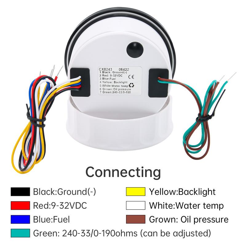 7 Color LED MultiFunction 85mm Gauge Oil Pressure+Water Temperature+Fuel Level Gauge+Voltmeter with Sensor 0-190ohm Auto Car 12V