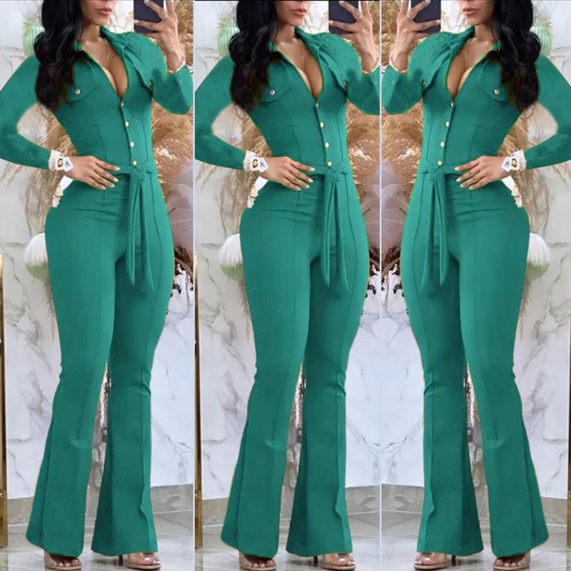 2025 Autumn/Winter Long-Sleeve Shirt Collar Jumpsuit with Mid-Waist Long Pants