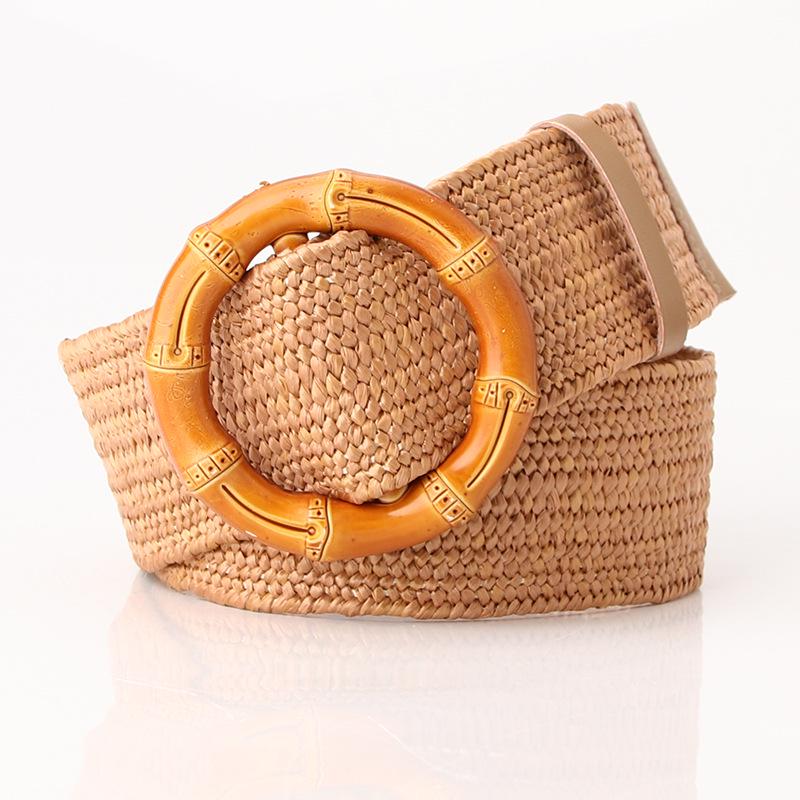 Women's Wide Round Buckle Elastic Belt - Cotton & Linen, Straw Style, Mori Girl Fashion.