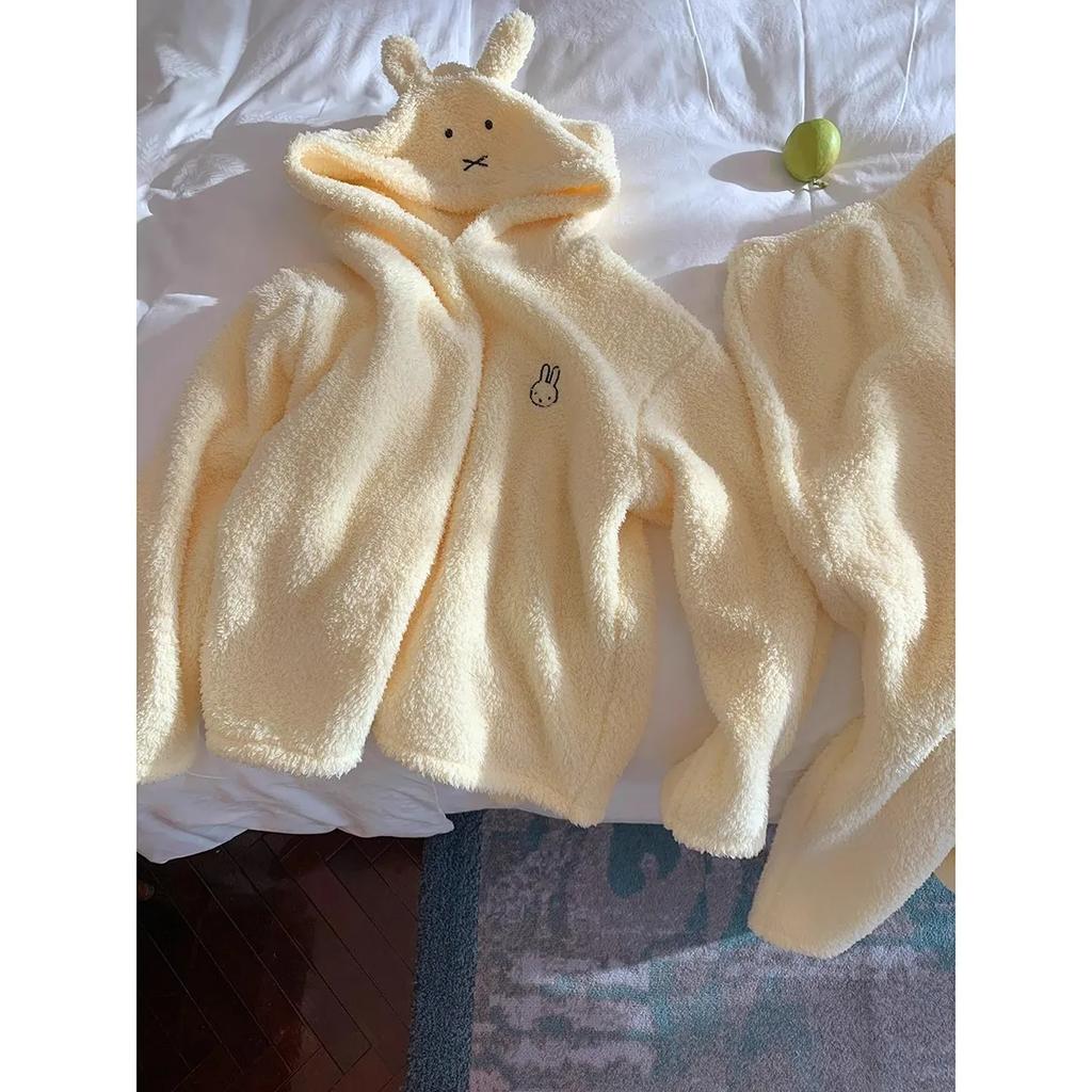 Cute Rabbit Half-velvet Hooded Pajamas Women Can Wear Warm Home Service Suits In Winter
