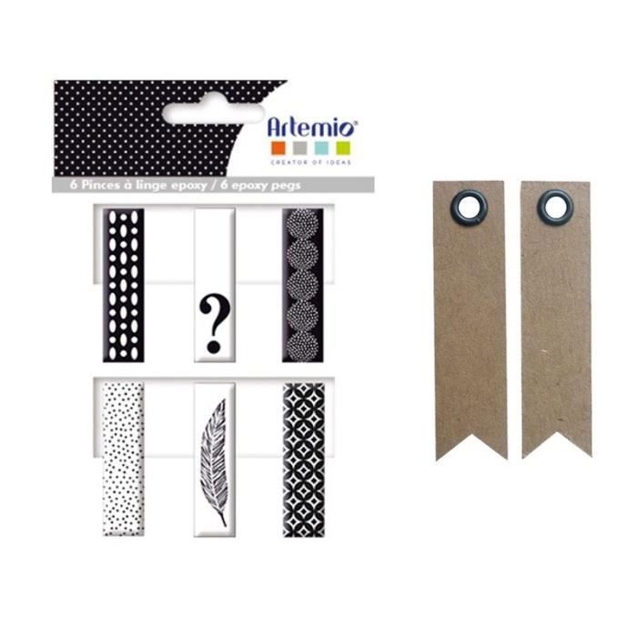 6 pinces à linge - Fanion - Epoxy noir-blanc