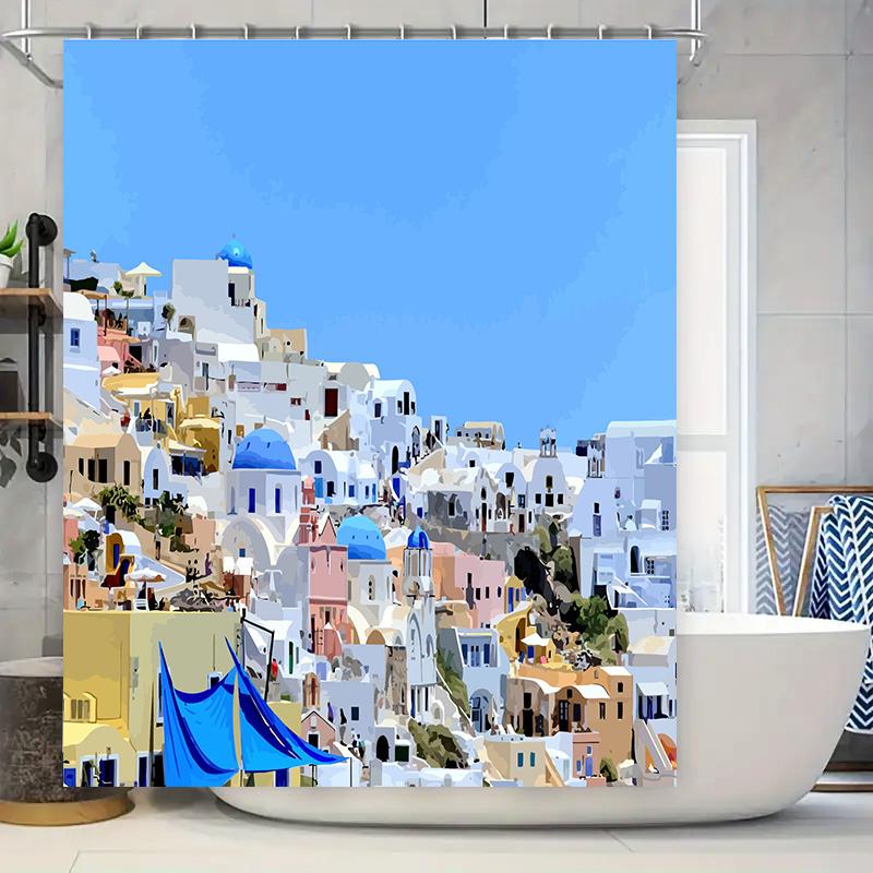 

Bathroom Shower Curtain Decor with Blue Sky Scene White Village House Print for Home Decoration Waterproof Fabric in Multiple Si 90x180cm