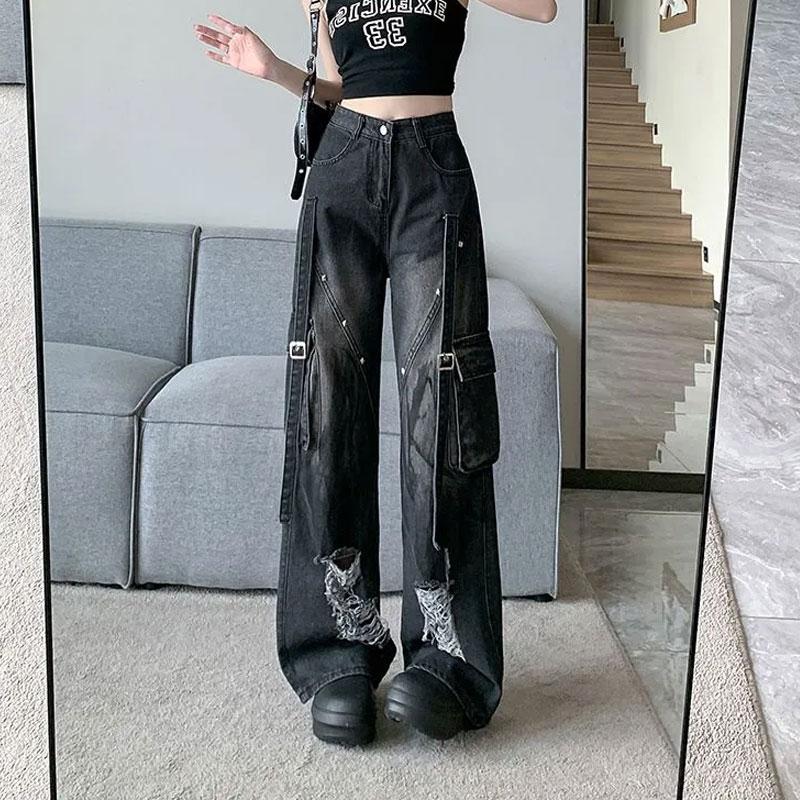 American Retro Black Denim Trousers Female Cargo Pocket Wide Leg Pants High Street Ripped Distressed Buckle Decoration Jeans New
