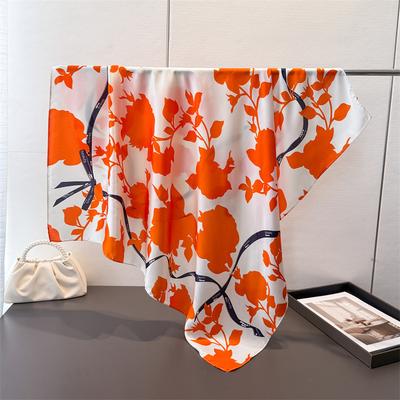 Floral Ribbon Satin Emulation Silk Print 90*90 Large Square Scarf Shawl Neck Protection Scarf Decorative Women'S Scarf