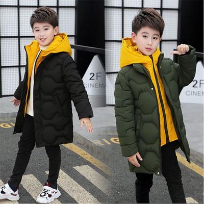 Winter Junge Baumwollmantel Koreanischer Stil Mittelgroße und Große Kinder Kinder Dick Warm Kapuzenmittel und Lang Daunen Baumwolle