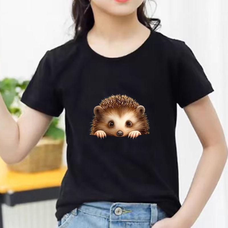 Kids Cotton T Shirt Cute Peeking Hedgehog Print Crew Neck Short Sleeve Tee Casual Breathable Boys Girls Summer Tops