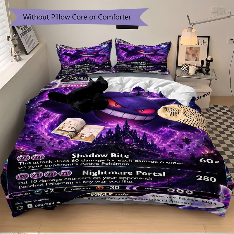 Gengar Vmax Shadow Bite Print 3Pcs Bedding Set,Duvet Cover with 2 Bedro,Pillowcase Home Birthday Gift