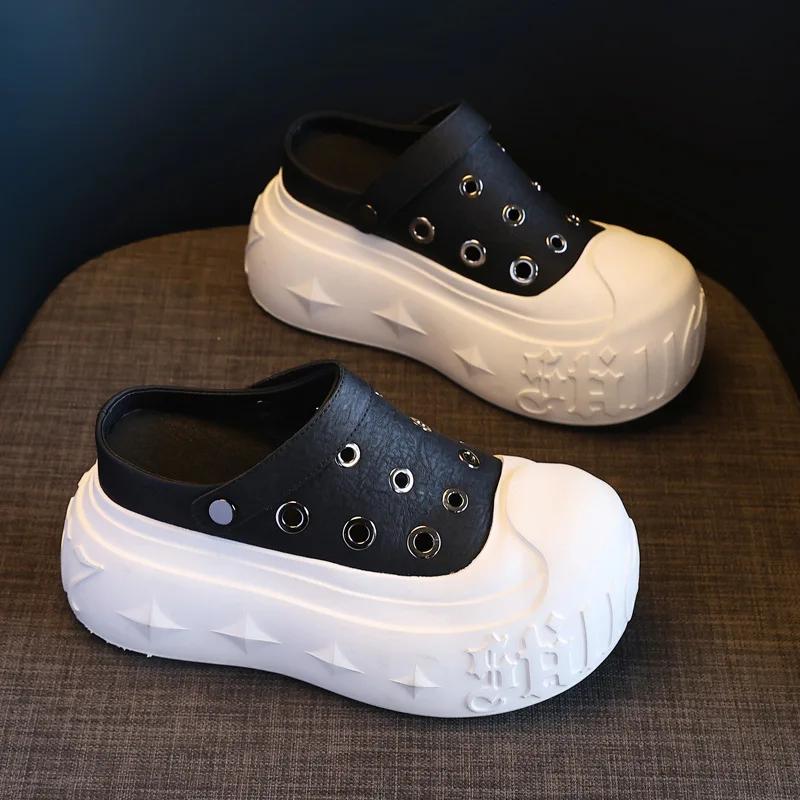 Fashion 9CM Synthetic Microfiber Leather Chunky Sneakers Slippers Platform Wedge Sandals Slipper Flats Summer Women Hollow Sneaker Shoes