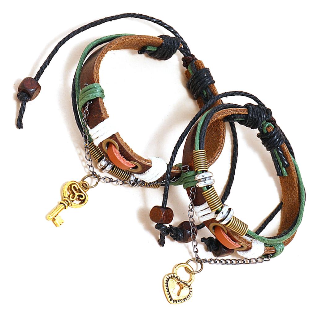 1 Paire Bracelet Couple Cuir Vachette Homme Femme Marron Rétro Réglable Tressé pour Rendez-vous Fête
