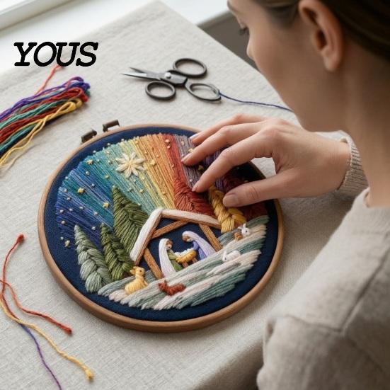 Polyester Embroidery Fabric Nativity DIY Kit, Manger Scene Hand Patterns Christian Needlepoint Craft Kit for Beginners, Religious Home Decoration