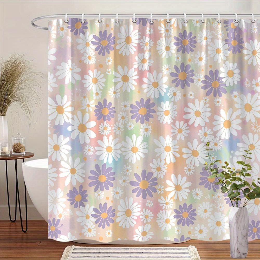 Pastel Daisy Curtain, White-Purple Daisies, Soft Design, Washable