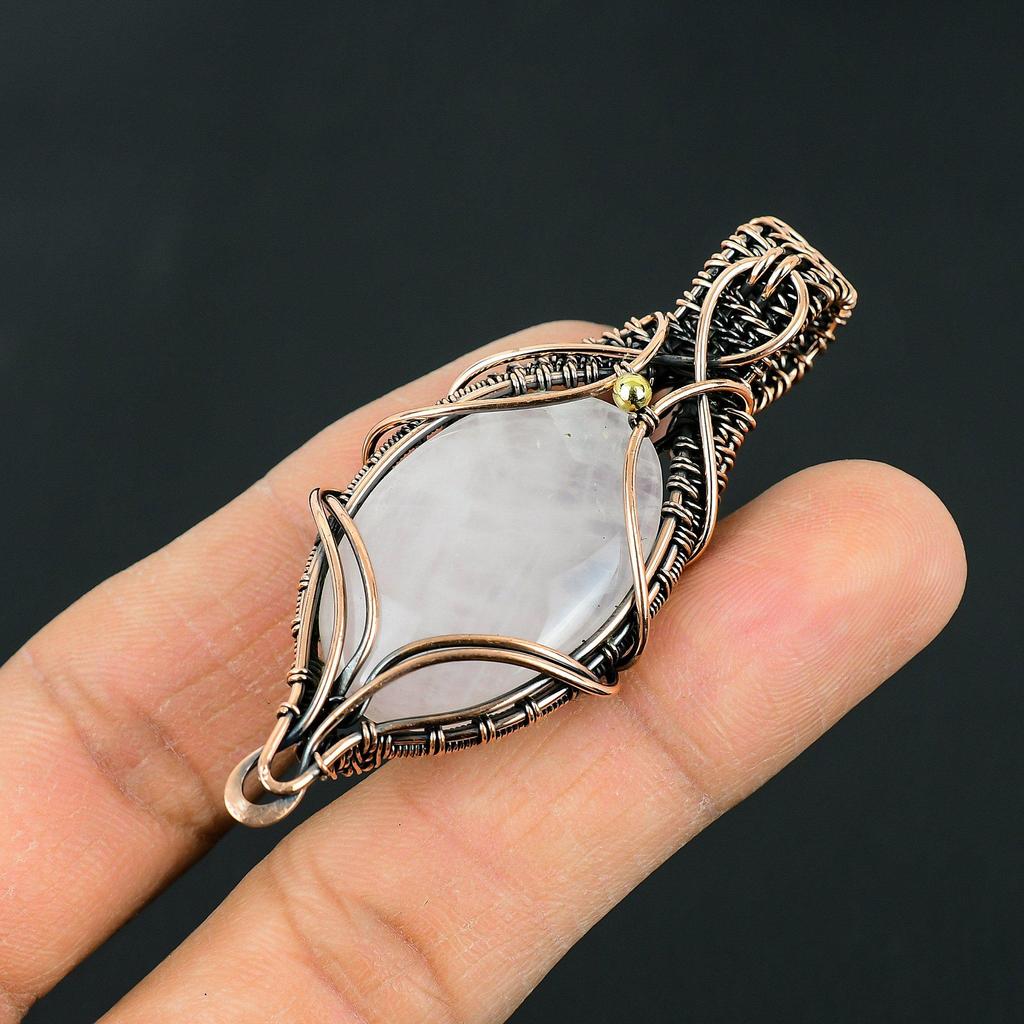 Artisan Antiqued Copper Wire Wrap Pendant with Rose Quartz  Gemstone - Gothic Boho Crystal Necklace