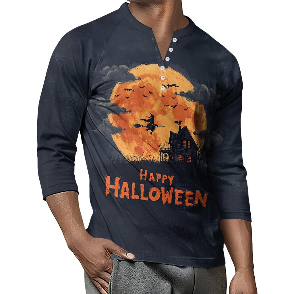 Men's Button-Down Contrast Raglan 3/4 Sleeve Top