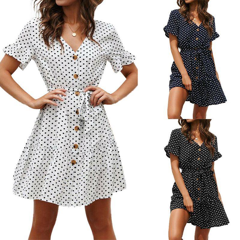 Timeless Ladies Womens Polka Dot V-neck Short Sleeve Summer Shirt Dress In Premium Quality
