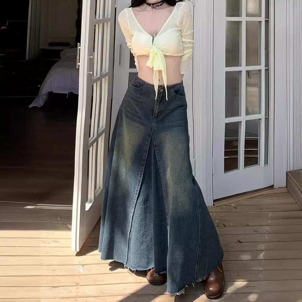 

Women s High-Waist Summer 2024 Retro Washed Denim A-Line Skirt M синій