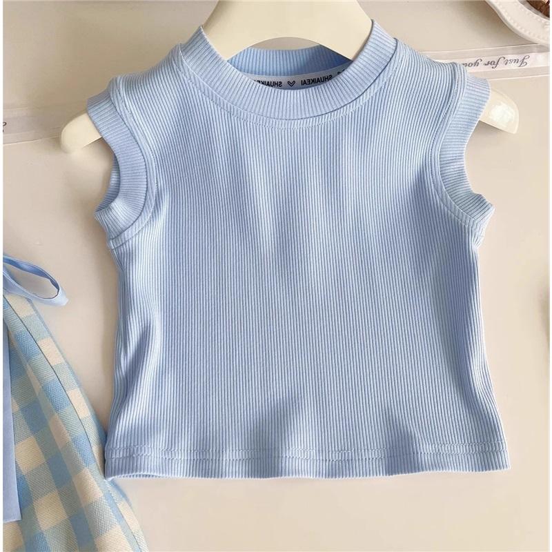 Summer Children's Blue Plaid Suit Sleeveless Top with Bow, Wide-leg Pants, and Crossbody Bag, Three-piece Set