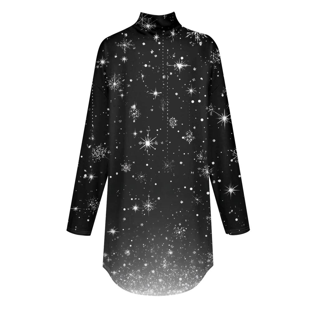 Women's Fashionable Loose-Fit High-Neck T-Shirt With Christmas Print Long-Sleeved Top