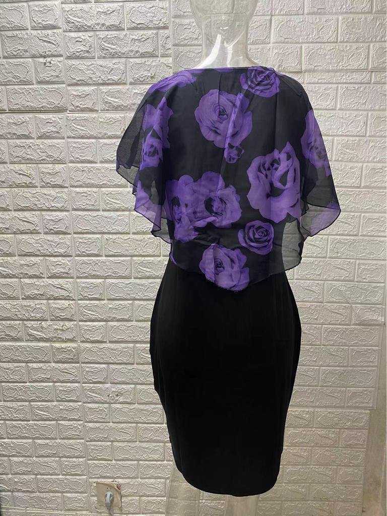 Rose Print Slim Fit Plus Size Dress with Shawl